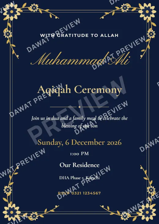 Midnight Blue Floral Garden Aqiqah Card template preview