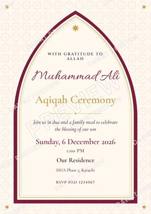 Burgundy and Gold Mughal Arch Aqiqah Card template preview