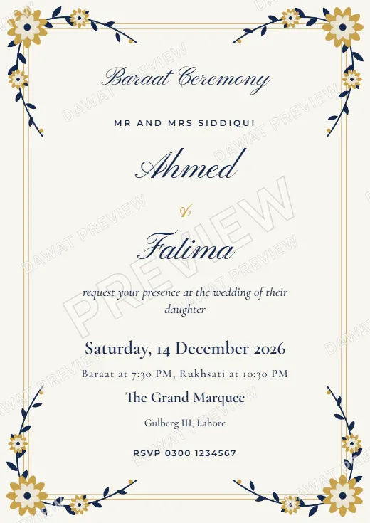 Navy and Gold Floral Garden Baraat Card template preview