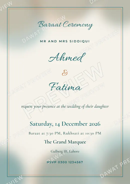 Teal and Copper Watercolor Wash Baraat Card template preview