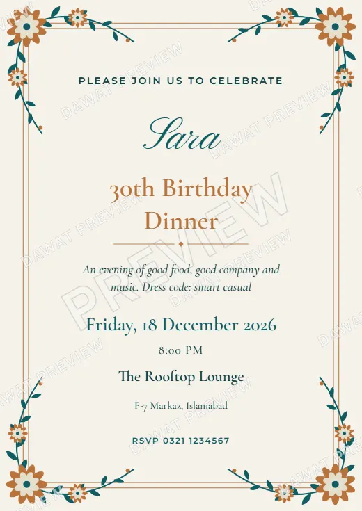Teal and Copper Floral Garden Birthday Invitation template preview
