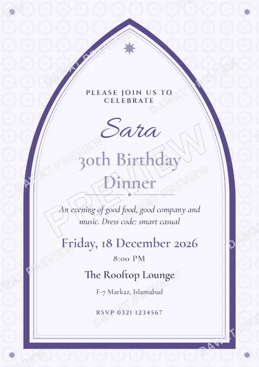 Lavender and Silver Mughal Arch Birthday Invitation template preview