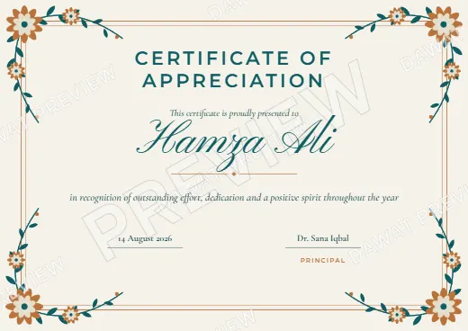 Teal and Copper Floral Garden Certificate template preview