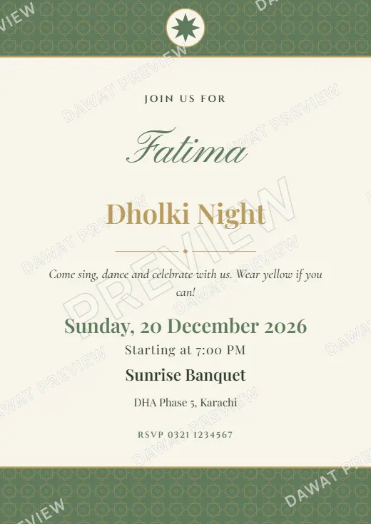 Sage and Cream Classic Banded Dholki and Mayoon Card template preview