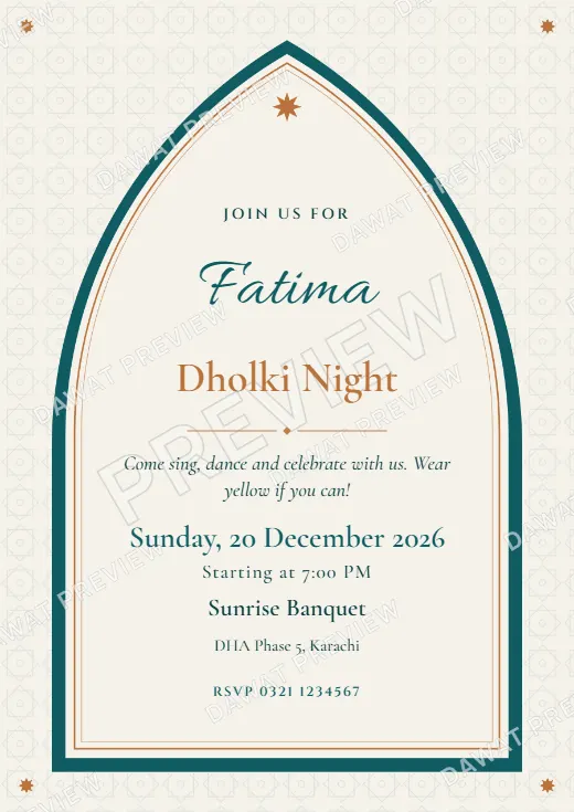 Teal and Copper Mughal Arch Dholki and Mayoon Card template preview