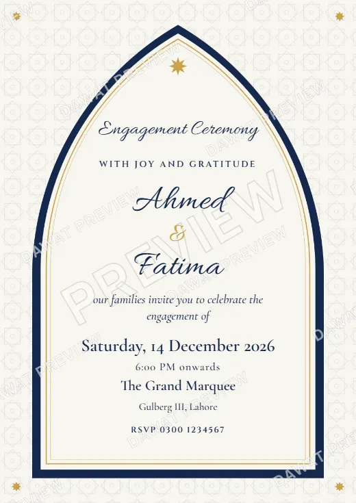 Navy and Gold Mughal Arch Engagement Card template preview