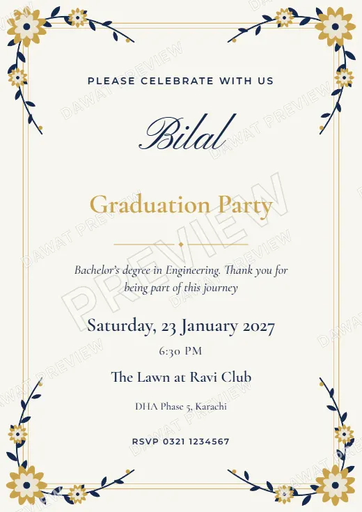 Navy and Gold Floral Garden Graduation Party Card template preview