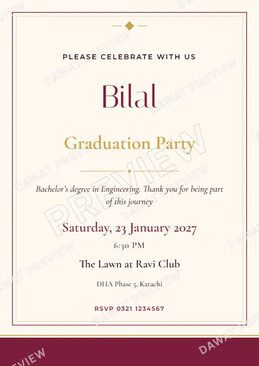 Burgundy and Gold Modern Minimal Graduation Party Card template preview