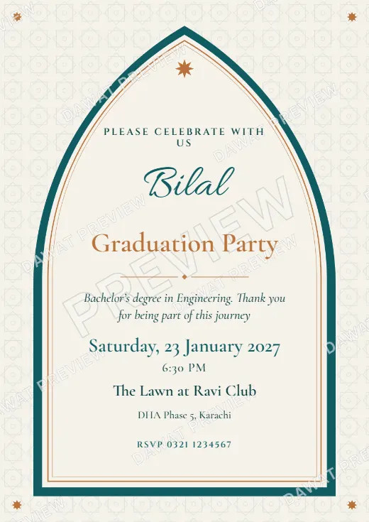 Teal and Copper Mughal Arch Graduation Party Card template preview
