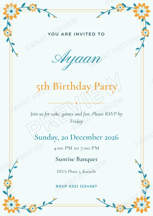 Sky and Mint Floral Garden Kids Birthday Invitation template preview