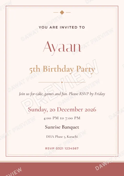 Blush and Rose Gold Modern Minimal Kids Birthday Invitation template preview