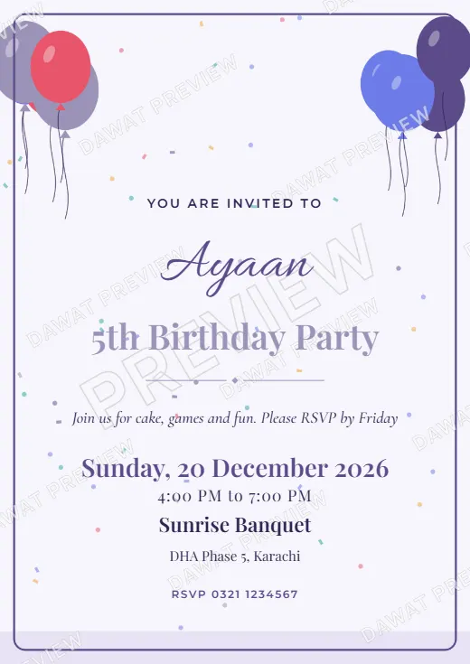 Lavender and Silver Party Balloons Kids Birthday Invitation template preview