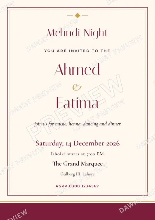 Burgundy and Gold Modern Minimal Mehndi Card template preview