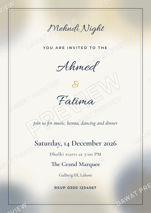 Navy and Gold Watercolor Wash Mehndi Card template preview
