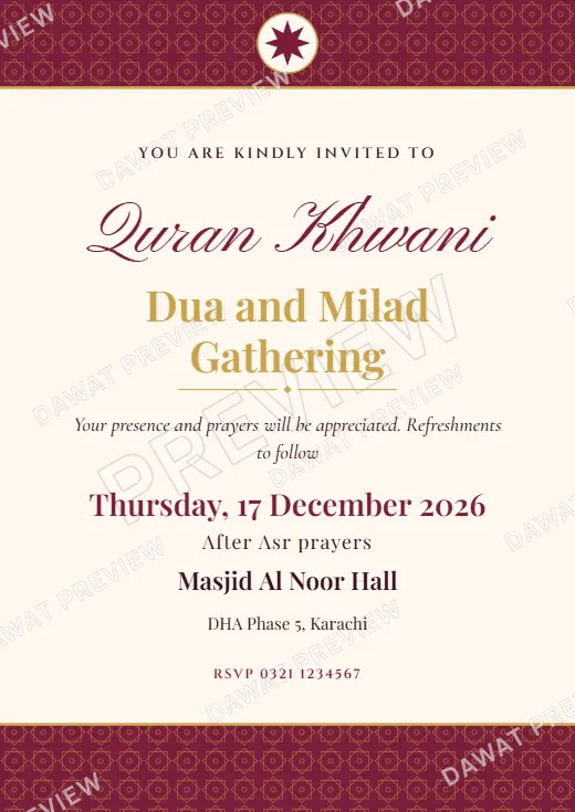 Burgundy and Gold Classic Banded Milad and Quran Khwani Card template preview