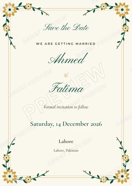 Emerald and Gold Floral Garden Save the Date Card template preview