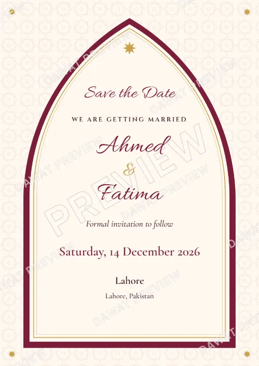 Burgundy and Gold Mughal Arch Save the Date Card template preview