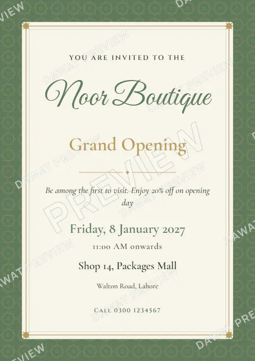 Sage and Cream Geometric Star Shop Opening Card template preview