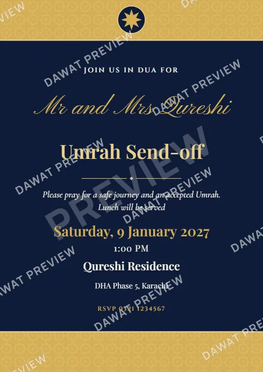 Midnight Blue Classic Banded Umrah and Hajj Send-off Card template preview