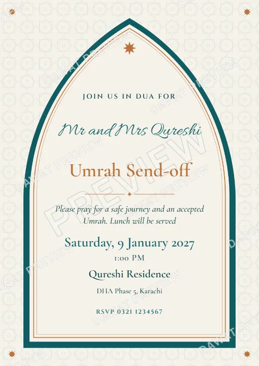 Teal and Copper Mughal Arch Umrah and Hajj Send-off Card template preview