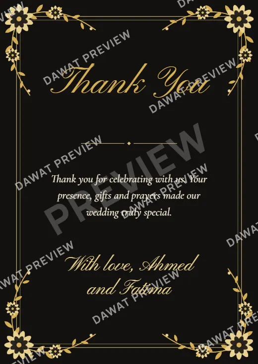 Black and Gold Floral Garden Wedding Thank You Card template preview